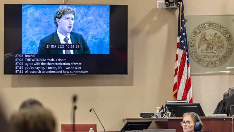 Screenshot of Mark Zuckerberg's deposition video being played at the child exploitation trial in New Mexico