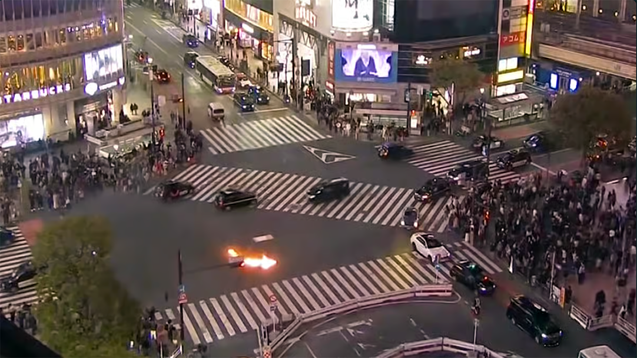 Fire set by an arsonist at Tokyo's Shibuya Scramble Crossing