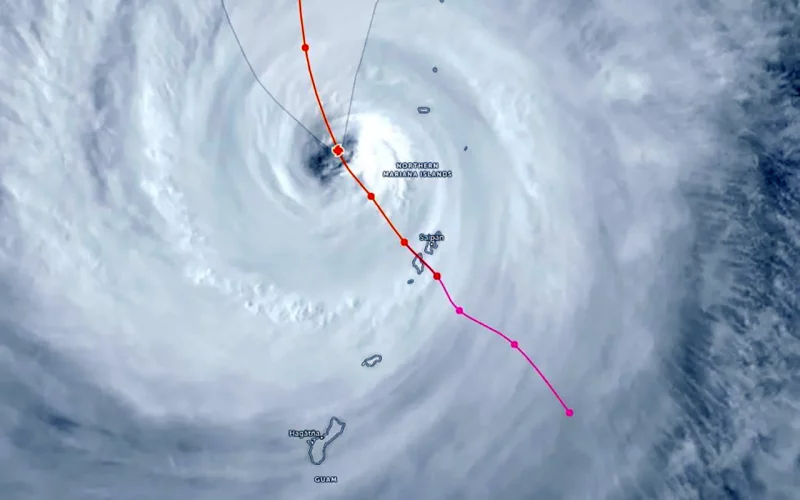Satellite imagery to Super Typhoon Sinlaku as it passes the Northern Mariana Islands after making a direct hit on Saipan and Tinian