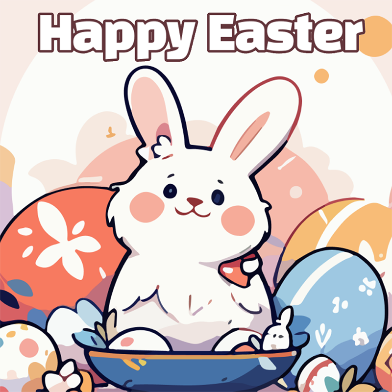 Cartoon easter bunny surrounded by easter colored eggs