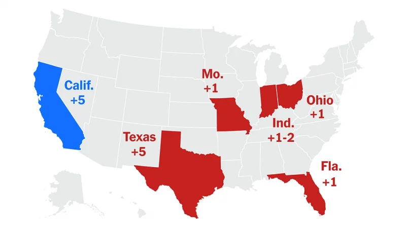 2025 US Map Highlighting States with redrawn congressional districts