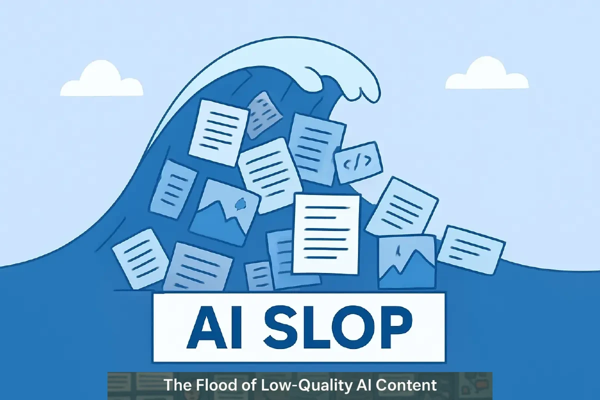 Artwork of a wave carrying "sheets of information" meant to illustrate AI generated junk/slop which is often times, of low quality.