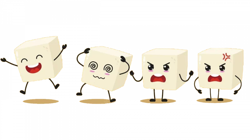 Cartoon of tofu blocks with joyful, confused, and angry expressions