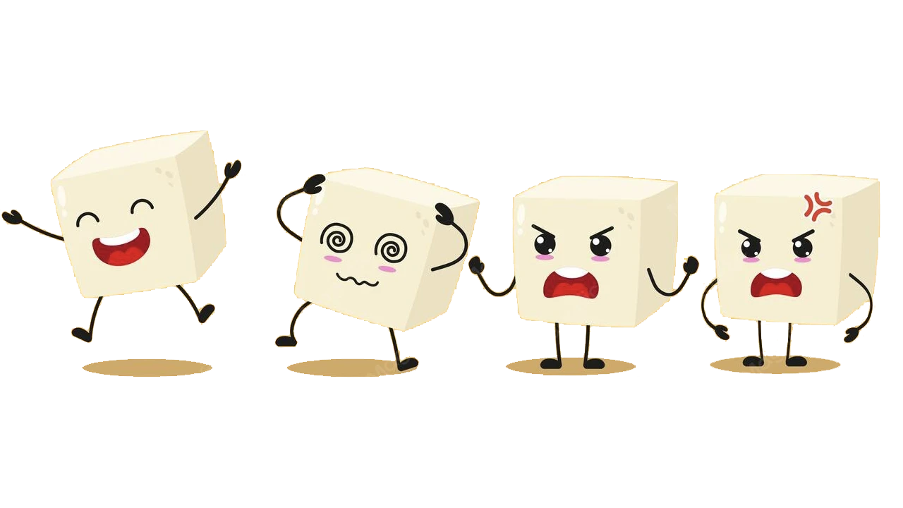 Cartoon of tofu blocks with joyful, confused, and angry expressions