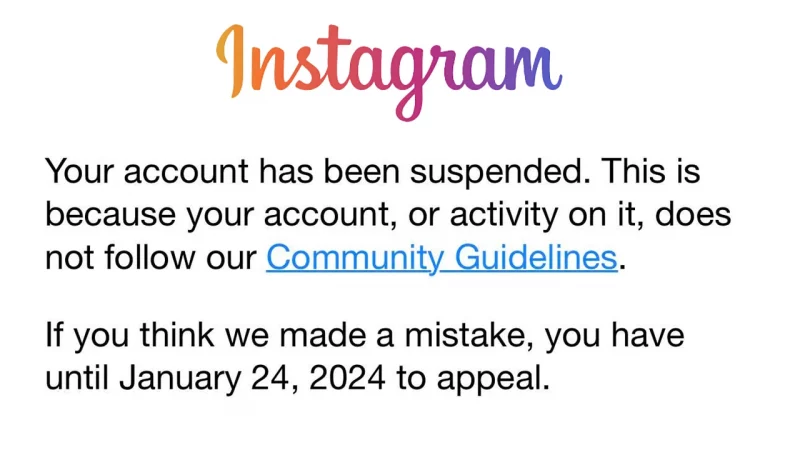 Instagram account suspension notice regarding the violation of community guidelines