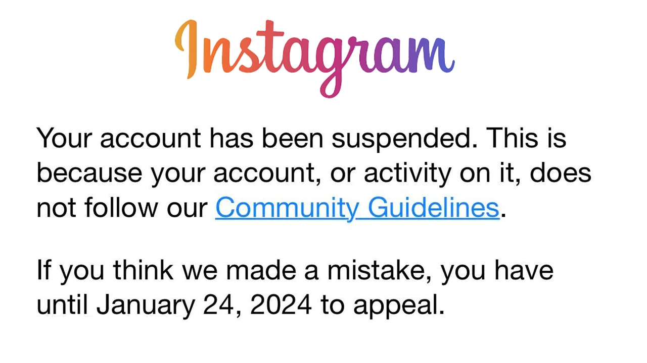 Instagram account suspension notice regarding the violation of community guidelines