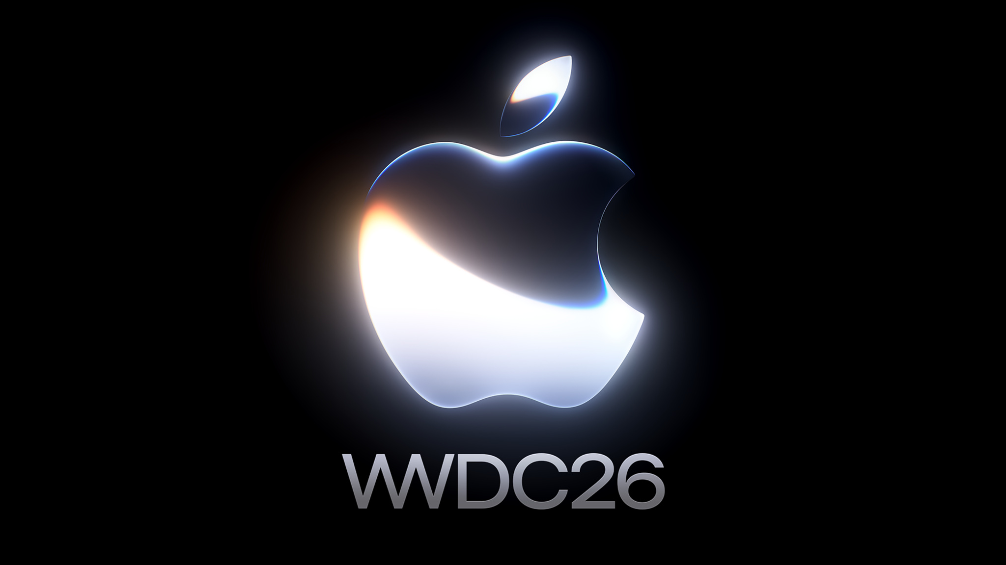 Apple WWDC 2026 Wallpaper showing a glowing silver and black Apple logo with WWDC26 in text under the logo